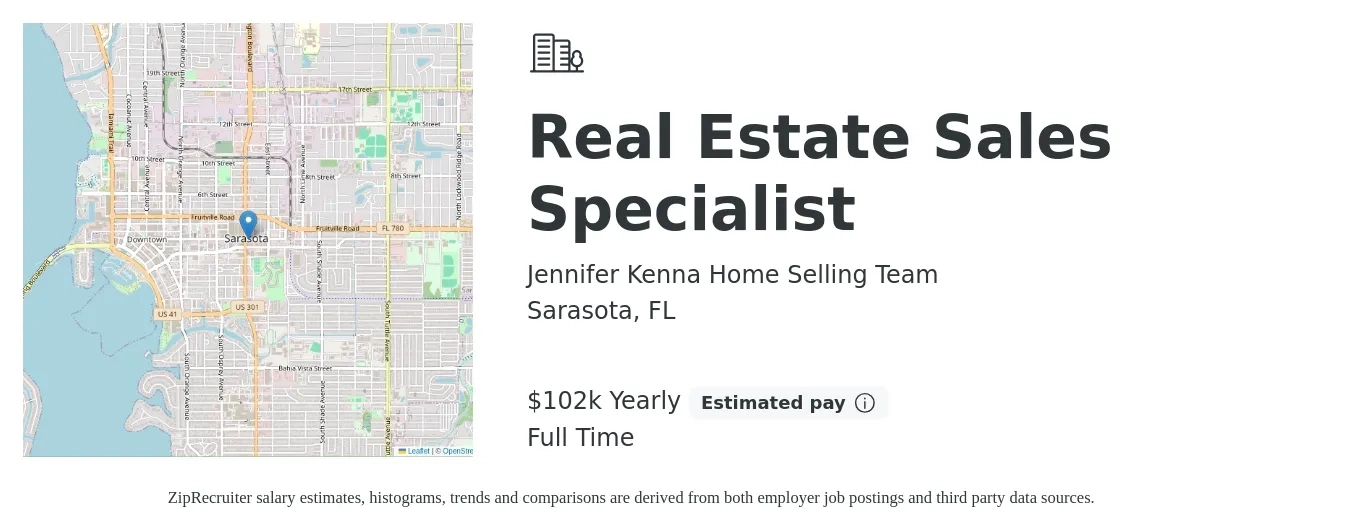Jennifer Kenna Home Selling Team job posting for a Real Estate Sales Specialist in Sarasota, FL with a salary of $102,000 Yearly with a map of Sarasota location.