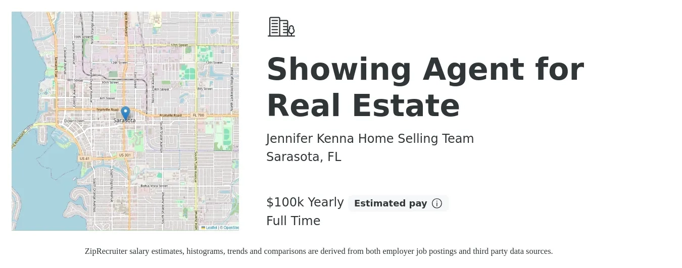Jennifer Kenna Home Selling Team job posting for a Showing Agent For Real Estate in Sarasota, FL with a salary of $100,000 Yearly with a map of Sarasota location.