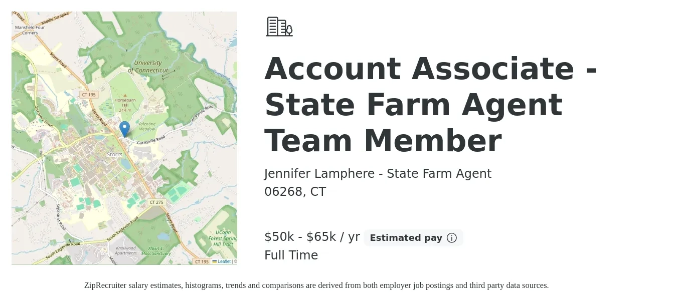 Jennifer Lamphere - State Farm Agent job posting for a Account Associate - State Farm Agent Team Member in 06268, CT with a salary of $50,000 to $65,000 Yearly with a map of 06268 location.