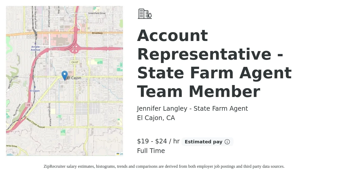 Jennifer Langley - State Farm Agent job posting for a Account Representative - State Farm Agent Team Member in El Cajon, CA with a salary of $20 to $25 Hourly with a map of El Cajon location.