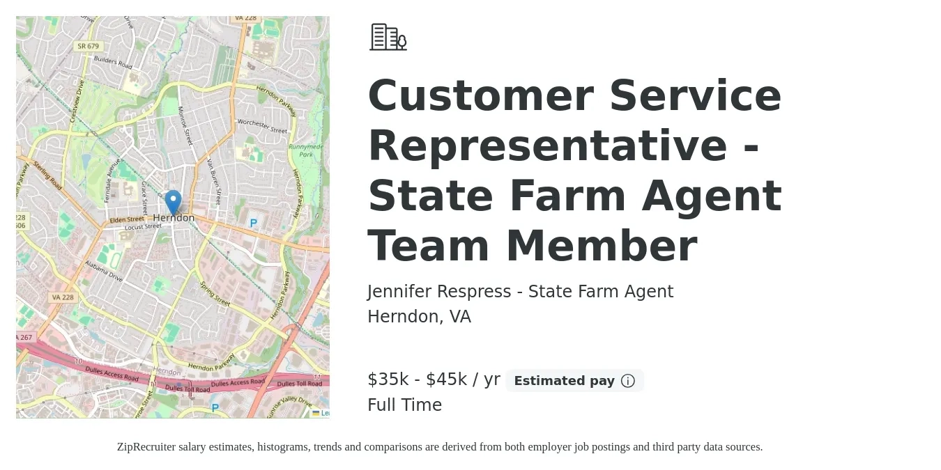 Jennifer Respress - State Farm Agent job posting for a Customer Service Representative - State Farm Agent Team Member in Herndon, VA with a salary of $35,000 to $45,000 Yearly with a map of Herndon location.