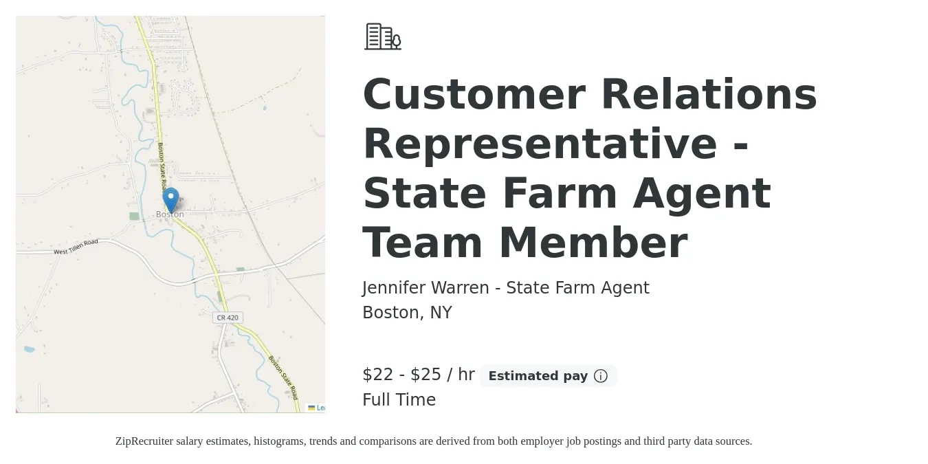 Jennifer Warren - State Farm Agent job posting for a Customer Relations Representative - State Farm Agent Team Member in Boston, NY with a salary of $23 to $26 Hourly with a map of Boston location.