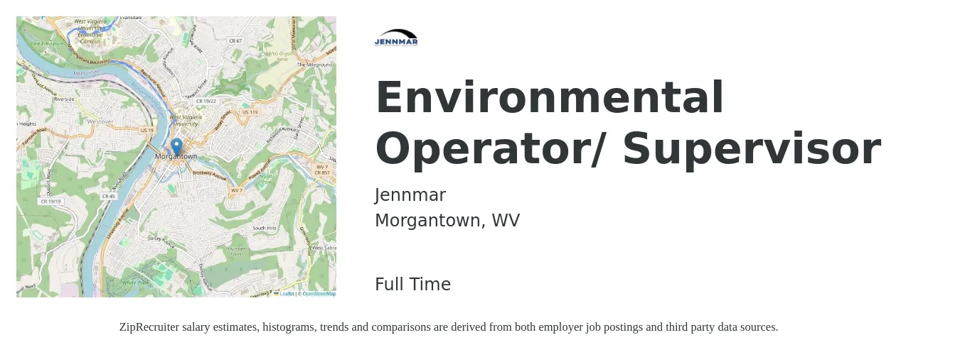 Jennmar job posting for a Environmental Operator/ Supervisor in Morgantown, WV with a salary of $22 to $36 Hourly with a map of Morgantown location.