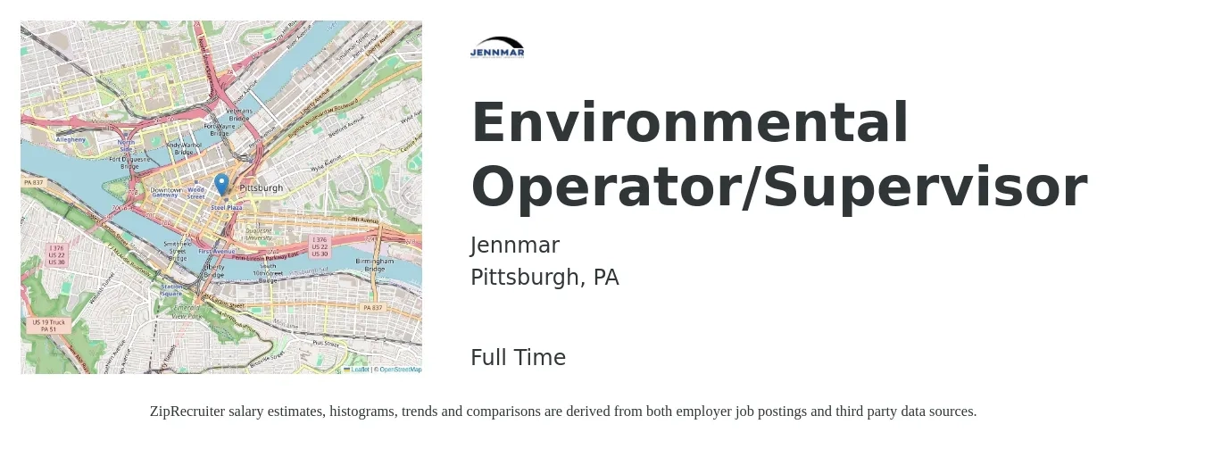 Jennmar job posting for a Environmental Operator/Supervisor in Pittsburgh, PA with a salary of $21 to $34 Hourly with a map of Pittsburgh location.