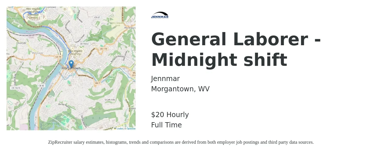 Jennmar job posting for a General Laborer -Midnight shift in Morgantown, WV with a salary of $21 Hourly with a map of Morgantown location.