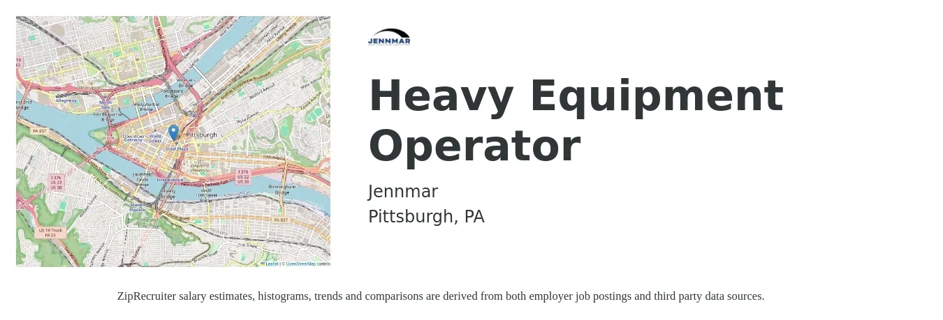 Jennmar job posting for a Heavy Equipment Operator in Pittsburgh, PA with a salary of $20 to $27 Hourly with a map of Pittsburgh location.