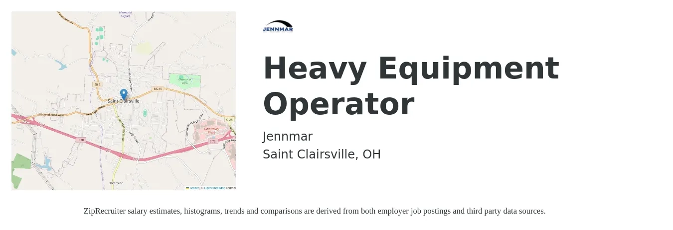 Jennmar job posting for a Heavy Equipment Operator in Saint Clairsville, OH with a salary of $17 to $24 Hourly with a map of Saint Clairsville location.