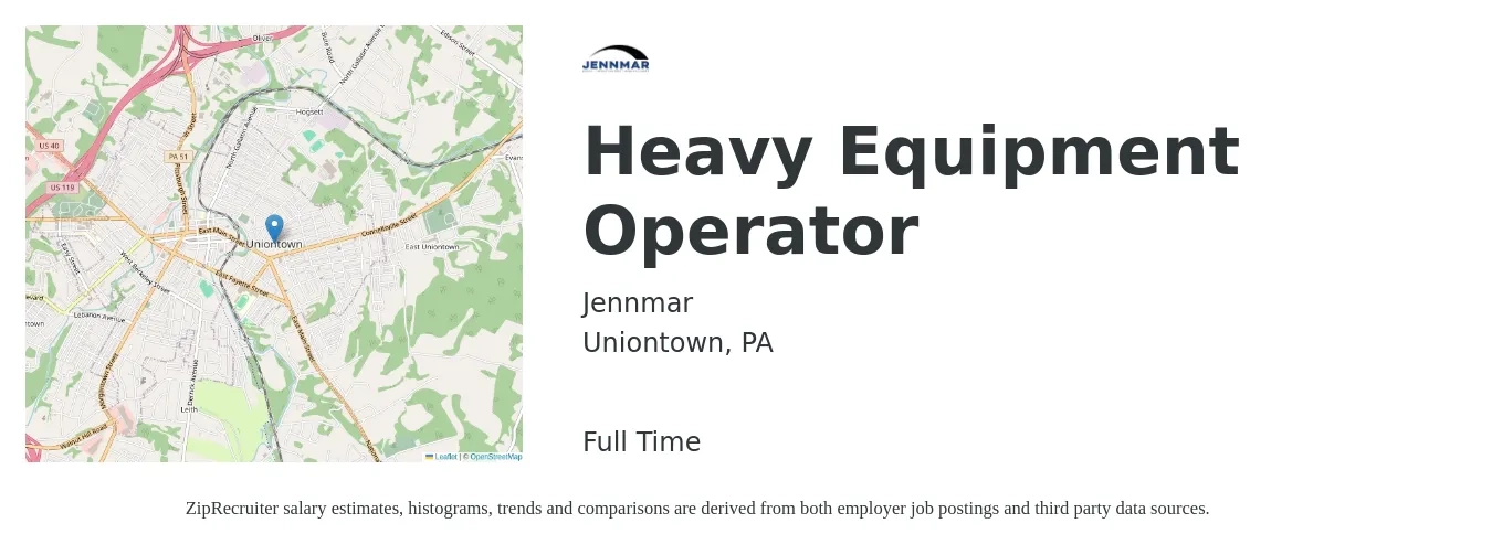 Jennmar job posting for a Heavy Equipment Operator in Uniontown, PA with a salary of $19 to $26 Hourly with a map of Uniontown location.