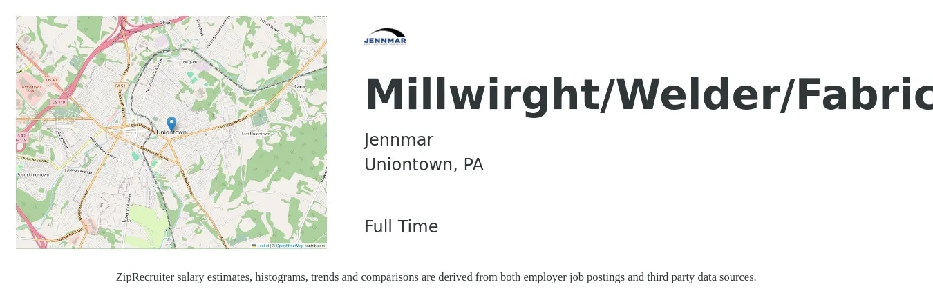 Jennmar job posting for a Millwirght/Welder/Fabricator in Uniontown, PA with a salary of $19 to $24 Hourly with a map of Uniontown location.