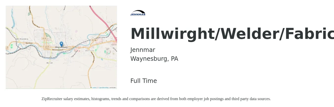 Jennmar job posting for a Millwirght/Welder/Fabricator in Waynesburg, PA with a salary of $18 to $24 Hourly with a map of Waynesburg location.