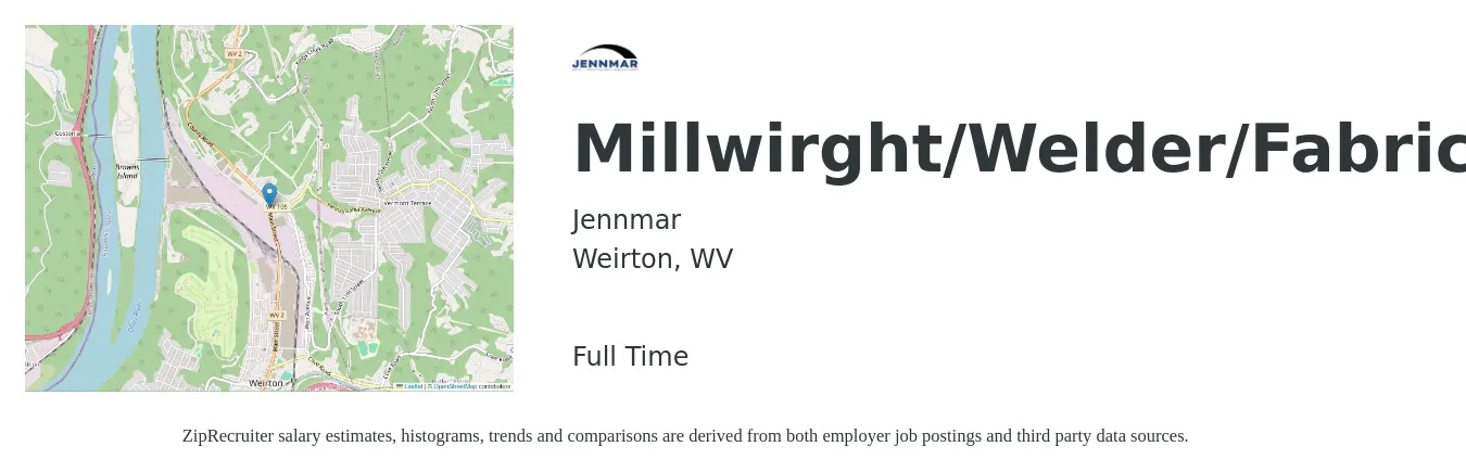 Jennmar job posting for a Millwirght/Welder/Fabricator in Weirton, WV with a salary of $20 to $25 Hourly with a map of Weirton location.