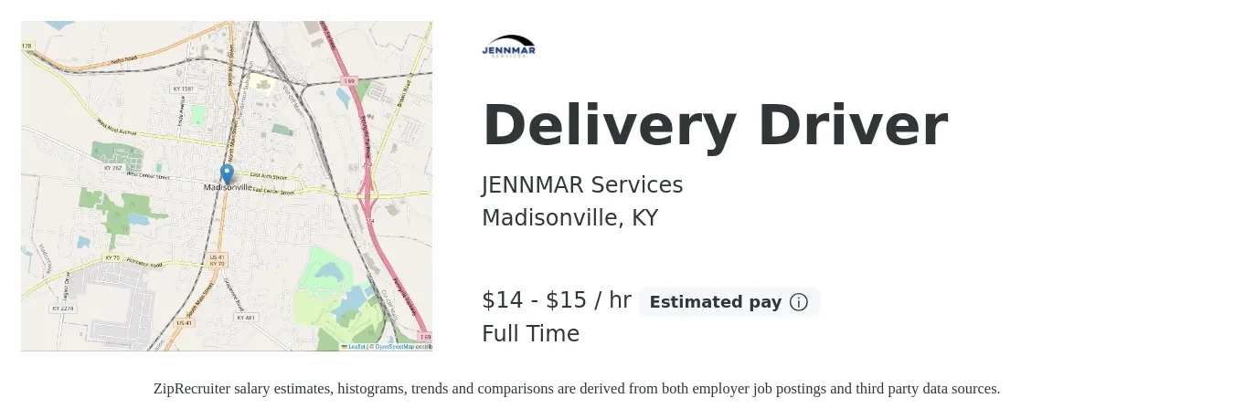 JENNMAR Services job posting for a Delivery Driver in Madisonville, KY with a salary of $15 to $16 Hourly with a map of Madisonville location.