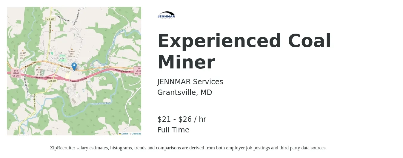 JENNMAR Services job posting for a Experienced Coal Miner in Grantsville, MD with a salary of $22 to $28 Hourly with a map of Grantsville location.