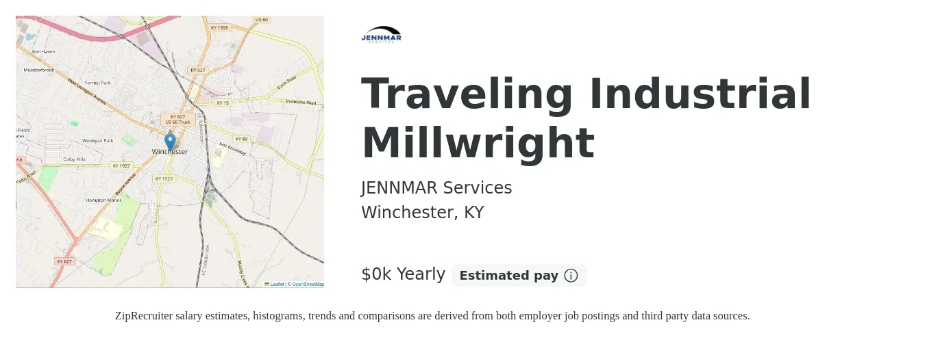 JENNMAR Services job posting for a Traveling Industrial Millwright in Winchester, KY with a salary of $25 to $32 Yearly with a map of Winchester location.