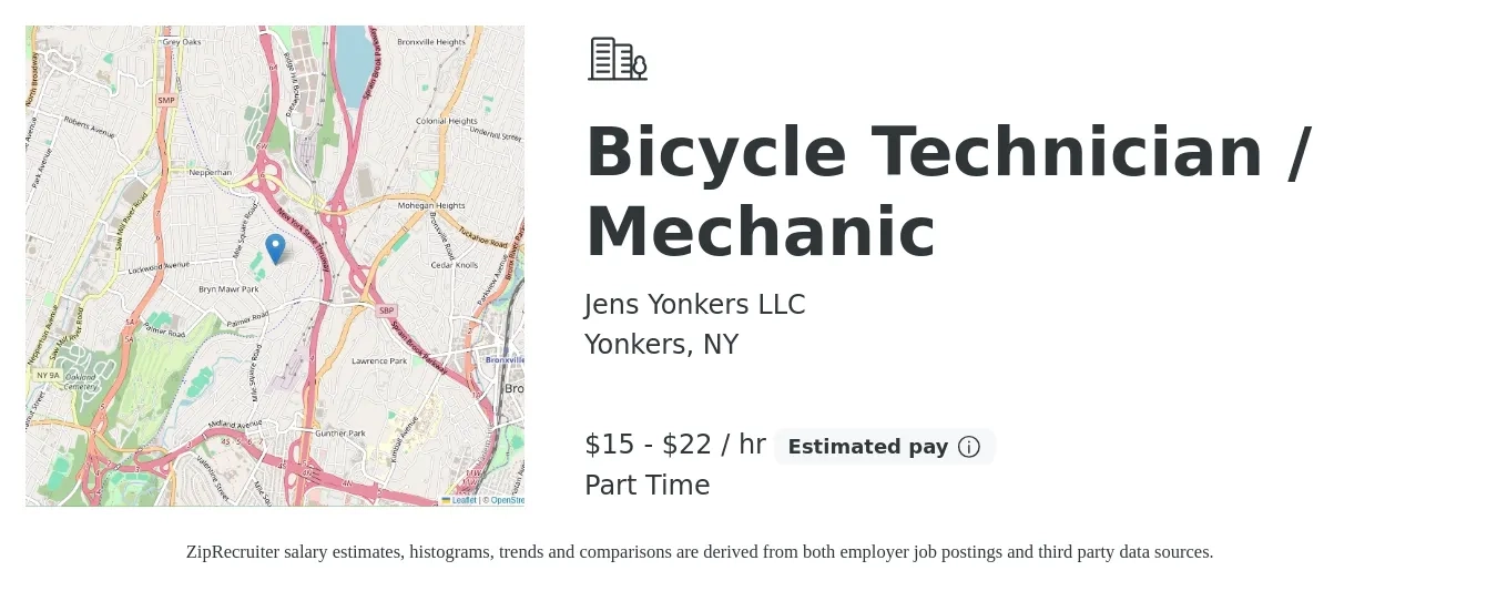 Jens Yonkers LLC job posting for a Bicycle Technician / Mechanic in Yonkers, NY with a salary of $16 to $23 Hourly with a map of Yonkers location.