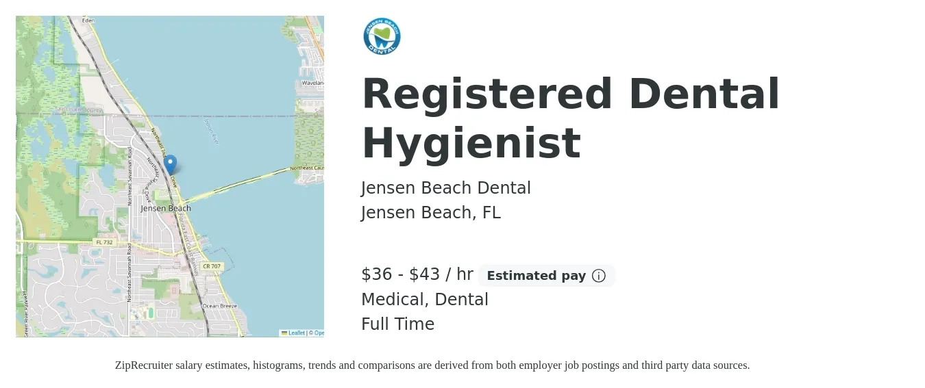 Jensen Beach Dental job posting for a Registered Dental Hygienist in Jensen Beach, FL with a salary of $38 to $45 Hourly and benefits including retirement, dental, and medical with a map of Jensen Beach location.
