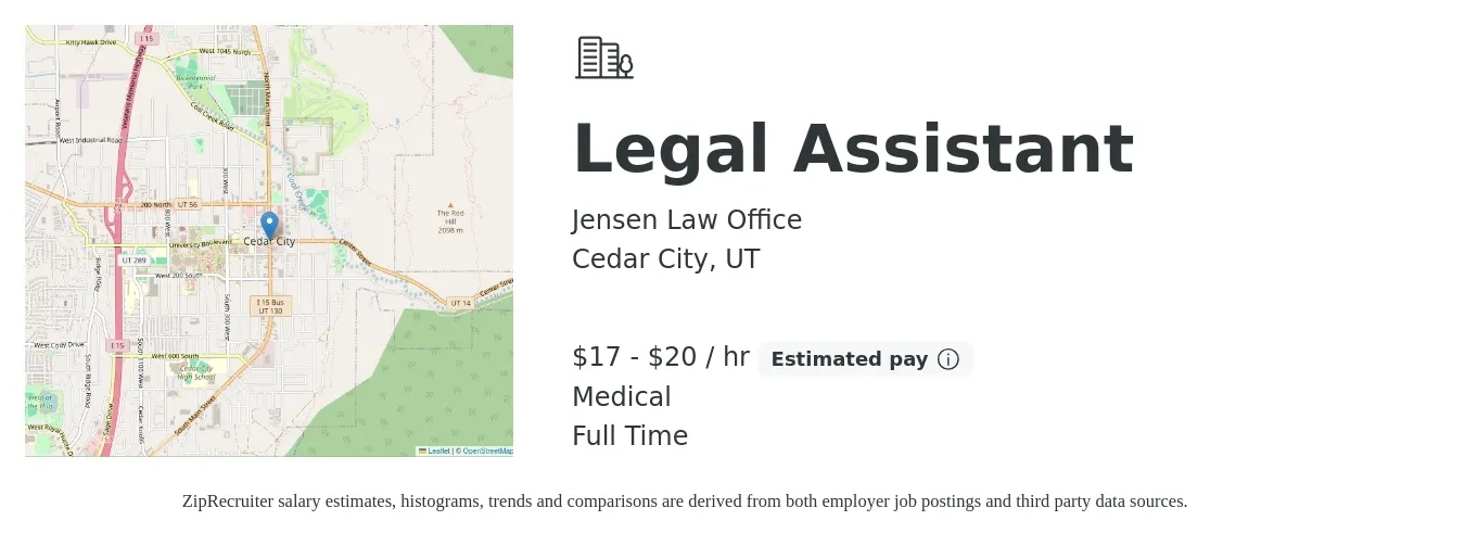 Jensen Law Office job posting for a Legal Assistant in Cedar City, UT with a salary of $18 to $21 Hourly (plus commission) and benefits including medical, pto, and retirement with a map of Cedar City location.