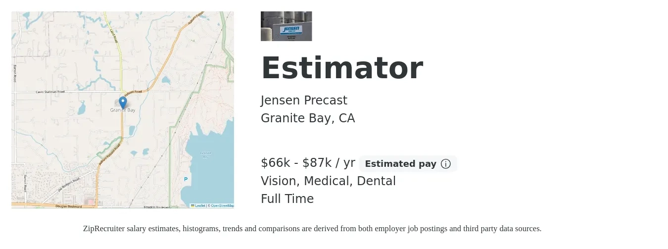Jensen Precast job posting for a Estimator in Granite Bay, CA with a salary of $66,560 to $87,000 Yearly and benefits including medical, pto, retirement, vision, dental, and life_insurance with a map of Granite Bay location.