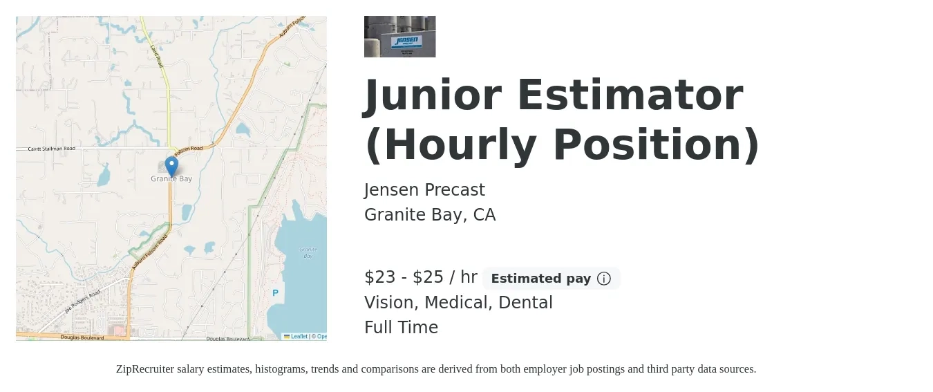 Jensen Precast job posting for a Junior Estimator (Hourly Position) in Granite Bay, CA with a salary of $24 to $26 Hourly and benefits including medical, pto, retirement, vision, dental, and life_insurance with a map of Granite Bay location.