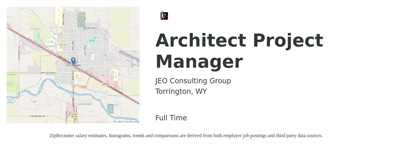 JEO Consulting Group job posting for a Architect Project Manager in Torrington, WY with a salary of $73,800 to $98,700 Yearly with a map of Torrington location.