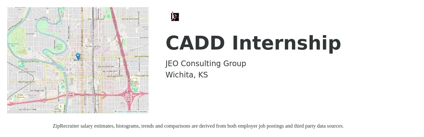 JEO Consulting Group job posting for a CADD Internship in Wichita, KS with a salary of $15 to $18 Hourly with a map of Wichita location.
