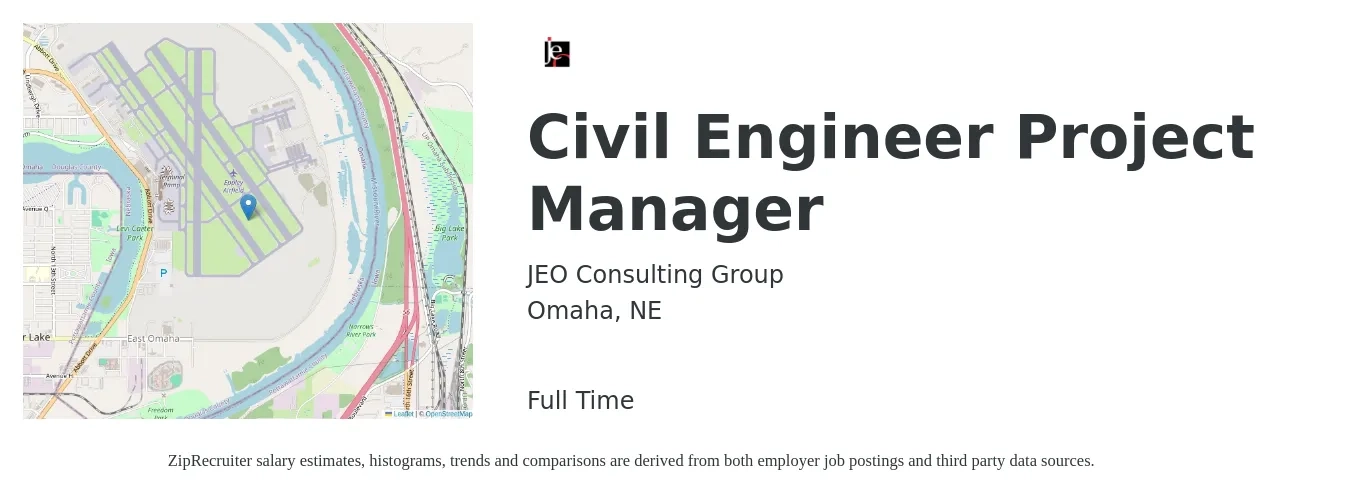 JEO Consulting Group job posting for a Civil Engineer Project Manager in Omaha, NE with a salary of $81,300 to $108,600 Yearly with a map of Omaha location.
