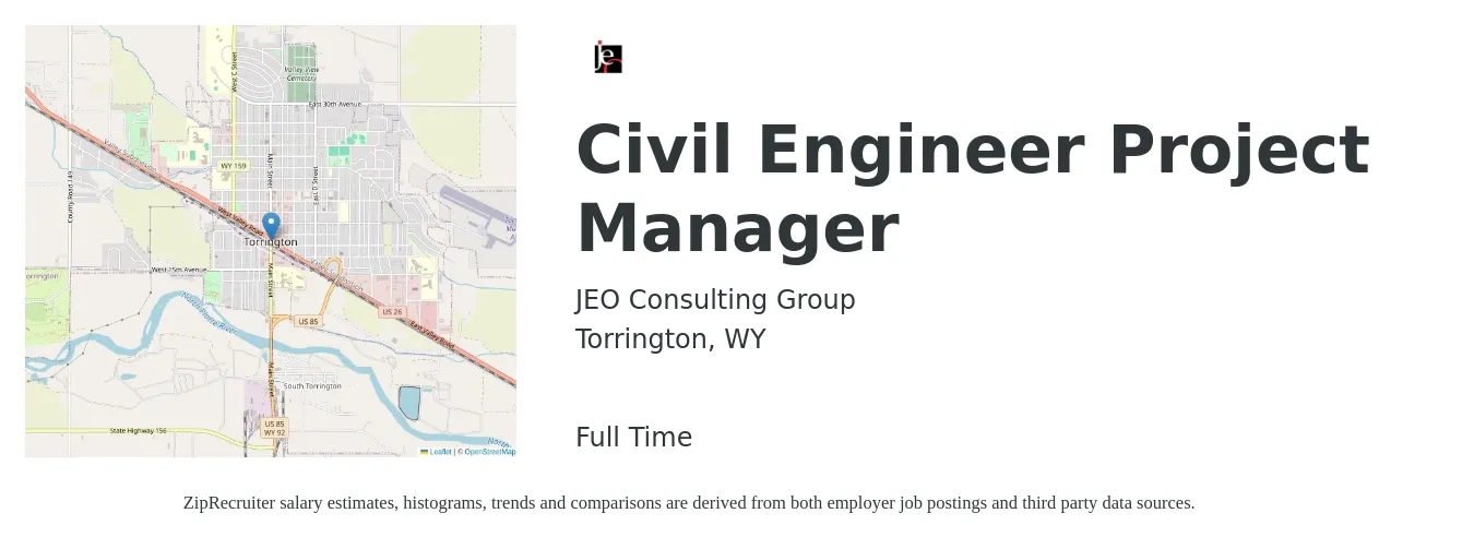JEO Consulting Group job posting for a Civil Engineer Project Manager in Torrington, WY with a salary of $78,400 to $104,700 Yearly with a map of Torrington location.