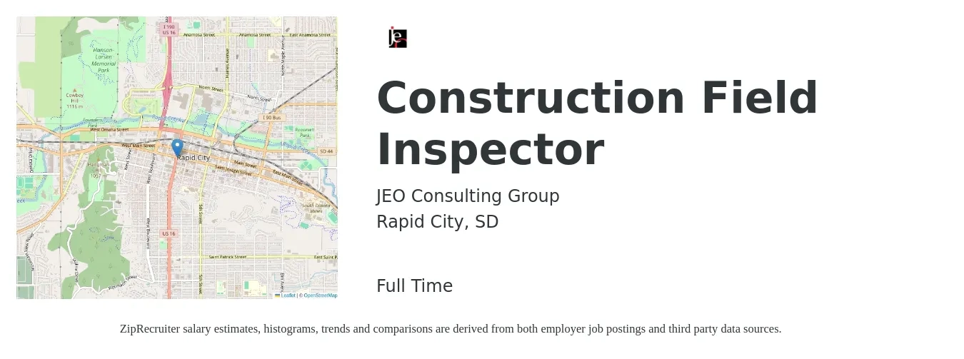 JEO Consulting Group job posting for a Construction Field Inspector in Rapid City, SD with a salary of $20 to $30 Hourly with a map of Rapid City location.