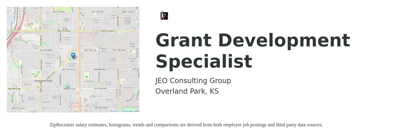 Jeo Consulting Group job posting for a Grant Development Specialist in Overland Park, KS with a salary of $53,900 to $93,100 Yearly with a map of Overland Park location.