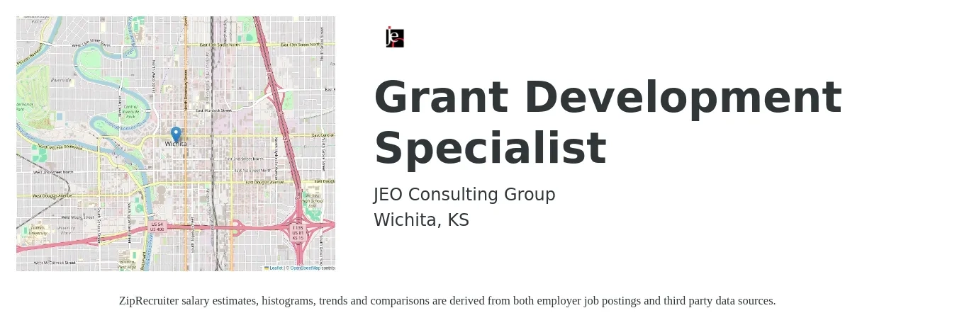 Jeo Consulting Group job posting for a Grant Development Specialist in Wichita, KS with a salary of $56,300 to $97,200 Yearly with a map of Wichita location.