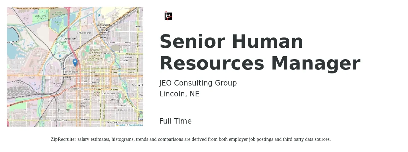 JEO Consulting Group job posting for a Senior Human Resources Manager in Lincoln, NE with a salary of $72,300 to $111,400 Yearly with a map of Lincoln location.