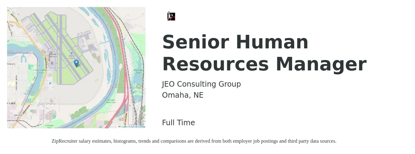 JEO Consulting Group job posting for a Senior Human Resources Manager in Omaha, NE with a salary of $79,400 to $122,400 Yearly with a map of Omaha location.