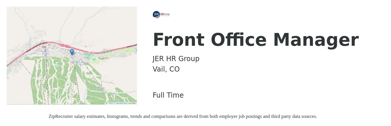JER HR Group job posting for a Front Office Manager in Vail, CO with a salary of $22 to $33 Hourly with a map of Vail location.