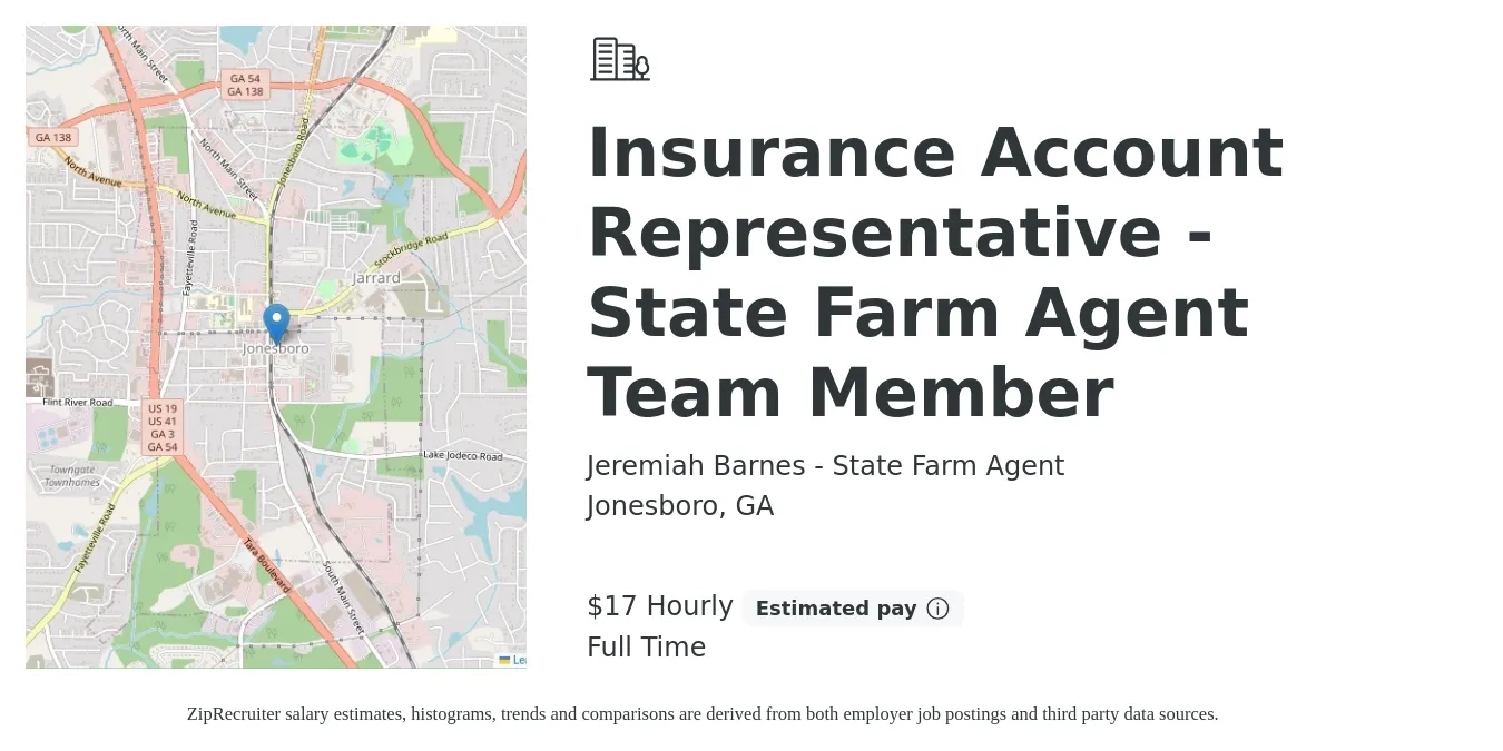 Jeremiah Barnes - State Farm Agent job posting for a Insurance Account Representative - State Farm Agent Team Member in Jonesboro, GA with a salary of $18 Hourly with a map of Jonesboro location.