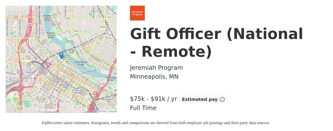 Jeremiah Program job posting for a Gift Officer (National - Remote) in Minneapolis, MN with a salary of $75,900 to $91,000 Yearly with a map of Minneapolis location.