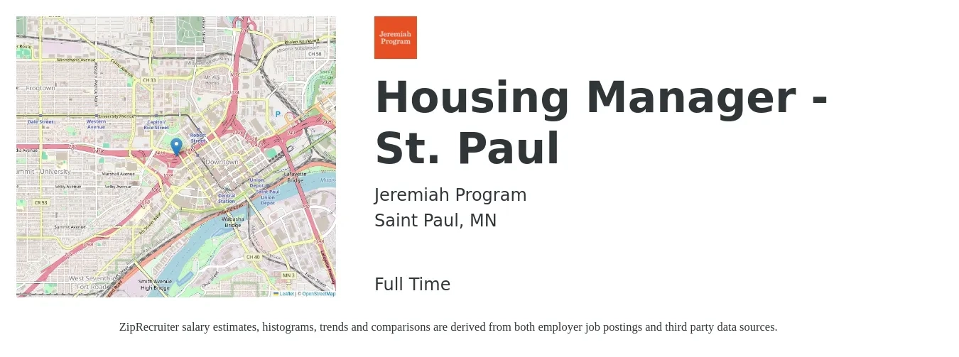 Jeremiah Program job posting for a Housing Manager - St. Paul in Saint Paul, MN with a salary of $57,000 to $64,000 Yearly with a map of Saint Paul location.
