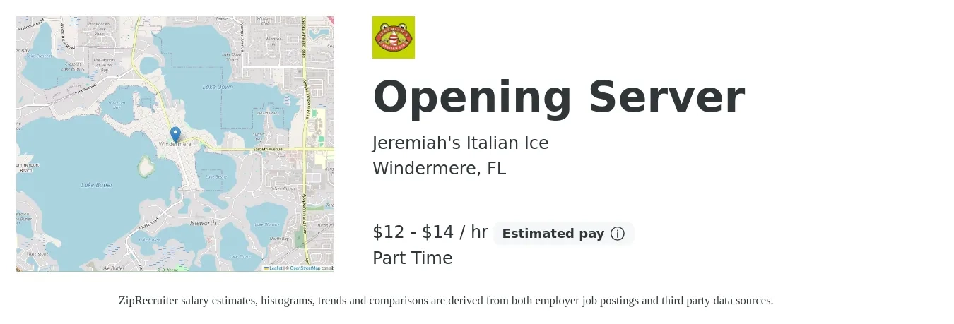 Jeremiah's Italian Ice job posting for a Opening Server in Windermere, FL with a salary of $13 to $15 Hourly with a map of Windermere location.