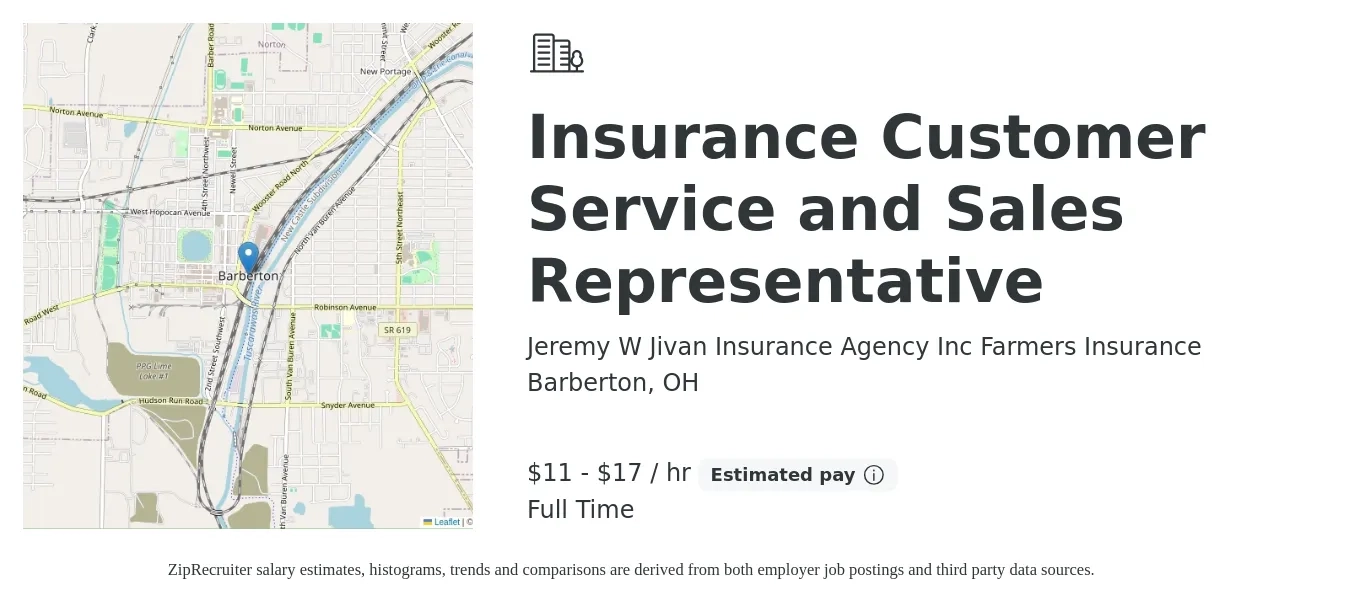Jeremy W Jivan Insurance Agency Inc Farmers Insurance job posting for a Insurance Customer Service and Sales Representative in Barberton, OH with a salary of $17 to $26 Hourly with a map of Barberton location.