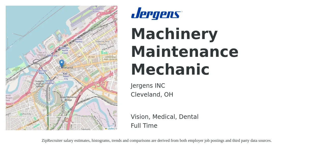 Jergens INC job posting for a Machinery Maintenance Mechanic in Cleveland, OH with a salary of $22 to $31 Hourly and benefits including pto, retirement, vision, dental, life_insurance, and medical with a map of Cleveland location.