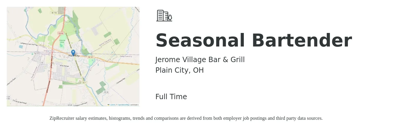 Jerome Village Bar & Grill job posting for a Seasonal Bartender in Plain City, OH with a salary of $15 to $25 Hourly with a map of Plain City location.