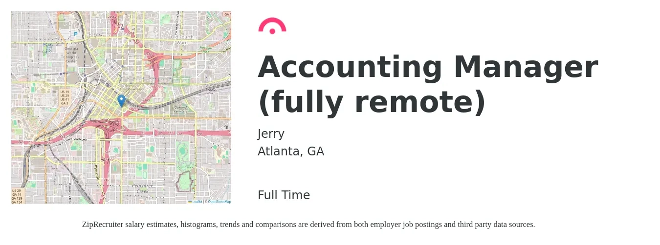Jerry job posting for a Accounting Manager (fully remote) in Atlanta, GA with a salary of $75,000 to $107,700 Yearly with a map of Atlanta location.