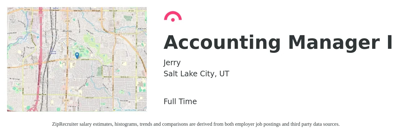 Jerry job posting for a Accounting Manager I in Salt Lake City, UT with a salary of $75,500 to $108,400 Yearly with a map of Salt Lake City location.