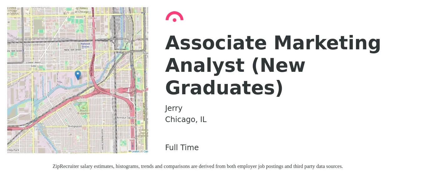 Jerry job posting for a Associate Marketing Analyst (New Graduates) in Chicago, IL with a salary of $30 to $47 Hourly with a map of Chicago location.