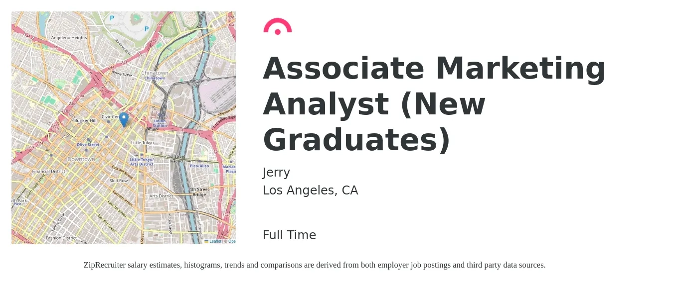 Jerry job posting for a Associate Marketing Analyst (New Graduates) in Los Angeles, CA with a salary of $31 to $49 Hourly with a map of Los Angeles location.