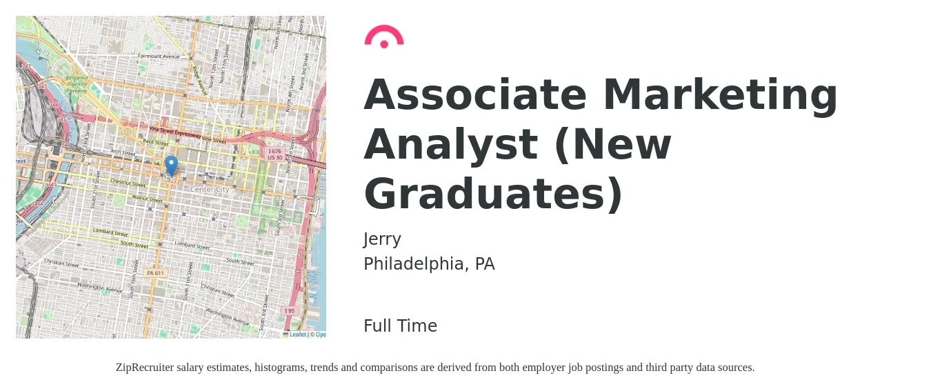 Jerry job posting for a Associate Marketing Analyst (New Graduates) in Philadelphia, PA with a salary of $29 to $46 Hourly with a map of Philadelphia location.