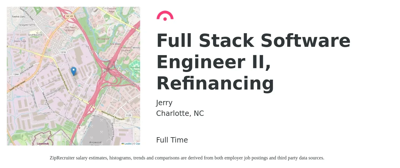 Jerry job posting for a Full Stack Software Engineer II, Refinancing in Charlotte, NC with a salary of $108,400 to $154,300 Yearly with a map of Charlotte location.