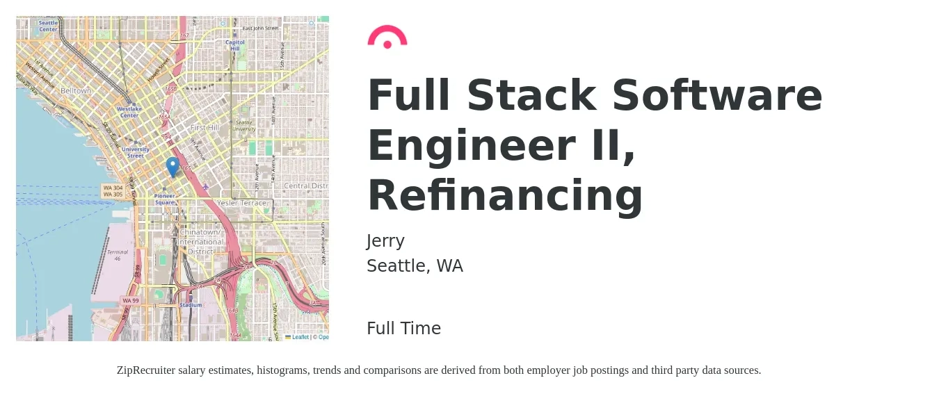 Jerry job posting for a Full Stack Software Engineer II, Refinancing in Seattle, WA with a salary of $126,300 to $179,800 Yearly with a map of Seattle location.