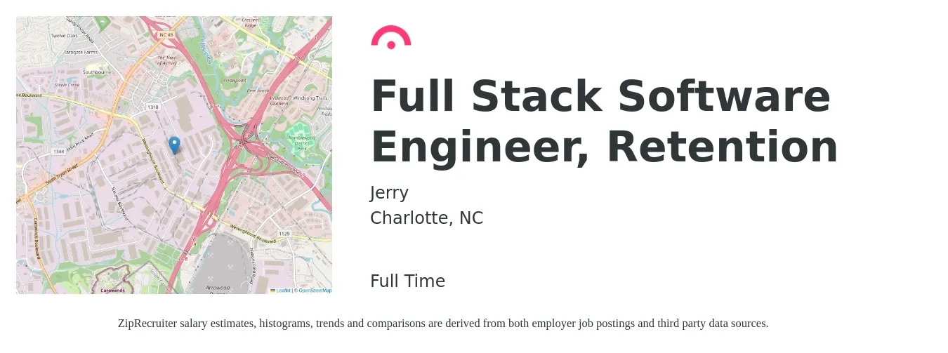 Jerry job posting for a Full Stack Software Engineer, Retention in Charlotte, NC with a salary of $108,400 to $154,300 Yearly with a map of Charlotte location.
