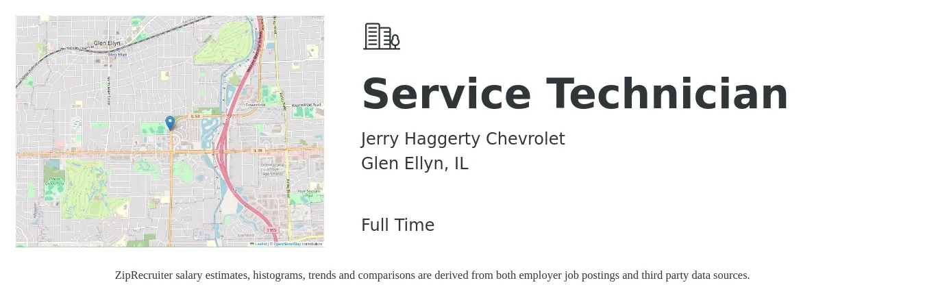 Jerry Haggerty Chevrolet job posting for a Service Technician in Glen Ellyn, IL with a salary of $20 to $27 Hourly with a map of Glen Ellyn location.