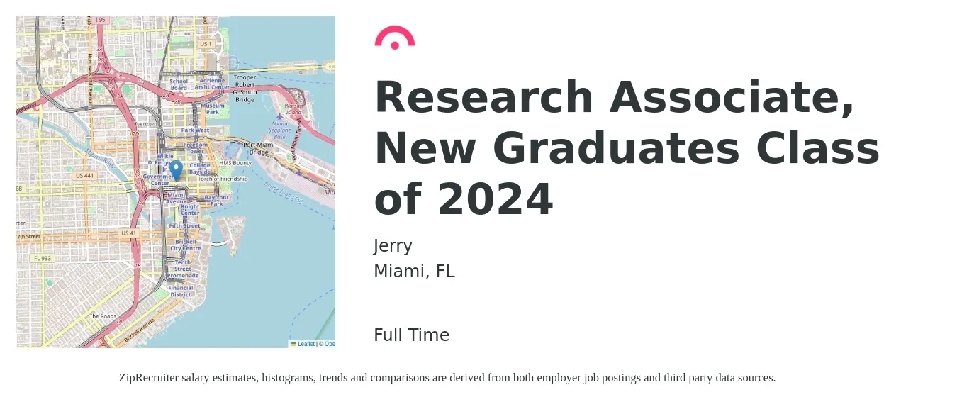 Jerry job posting for a Research Associate, New Graduates Class of 2024 in Miami, FL with a salary of $26 to $37 Hourly with a map of Miami location.